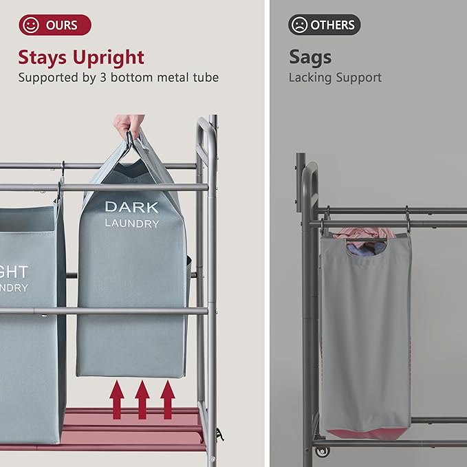 Tajsoon Laundry Sorter with Hanging Bar, 4 Section Rolling Laundry Hamper with Heavy Duty Lockable Wheels, Laundry Sorter Cart for Bathroom & Bedroom, Gray