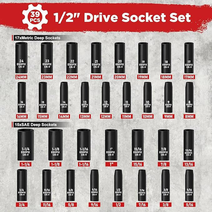 1/2” Drive Impact Deep Socket Set, 39 Pieces Metric(8-24mm)/SAE(5/16 to 1-1/4), CR-V Steel Tool Set with 3”, 5”, 10” Extension Bar, Adapters