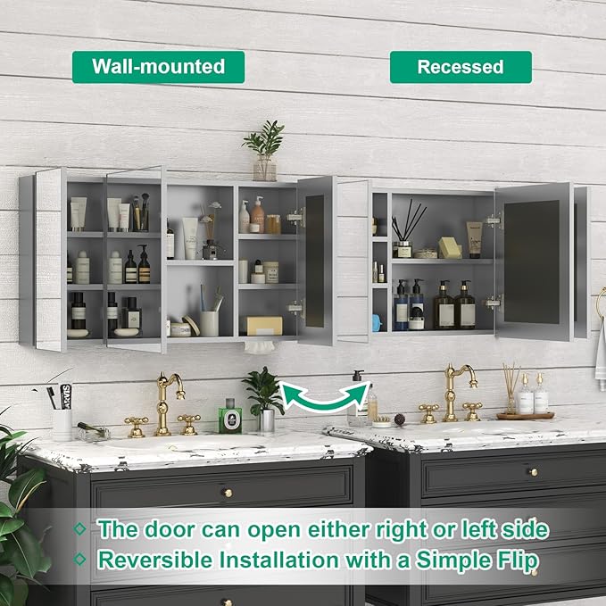 40 x 24 Farmhouse Medicine Cabinet, Tempered Frameless Bathroom Mirror with Storage, Silver Recessed or Surface Mount Aluminum Medicine Cabinet for Bathroom Modern-Large