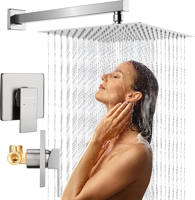 10 Inch Rainfall Shower Faucet Single Function Shower Trim Kit with Rough-in Valve Shower Set Square Stainless Steel Metal Touch-Clean Shower Head Brushed Nickel