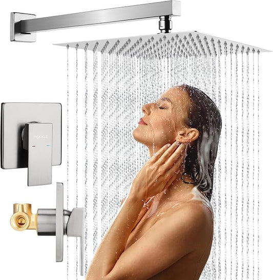 10 Inch Rainfall Shower Faucet Single Function Shower Trim Kit with Rough-in Valve Shower Set Square Stainless Steel Metal Touch-Clean Shower Head Brushed Nickel