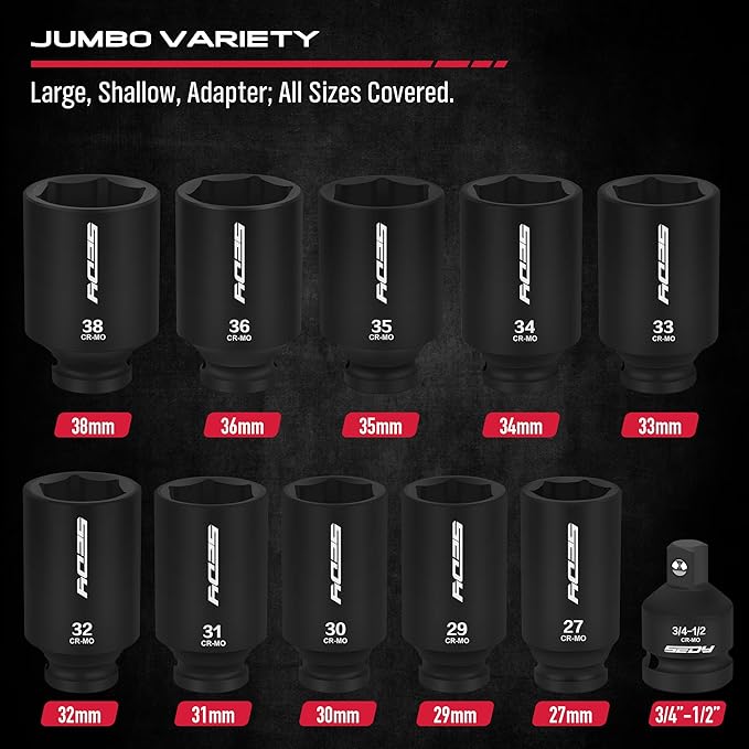 1/2 Drive Deep Impact Socket Set: 11-Piece Metric Size Wheel Axle Nut Wrench Metric Large Jumbo 27mm 29mm 30mm 31mm 32mm 33mm 34mm 35mm 36mm 38mm Spindle Joint High Torque Truck Bearing Locknut
