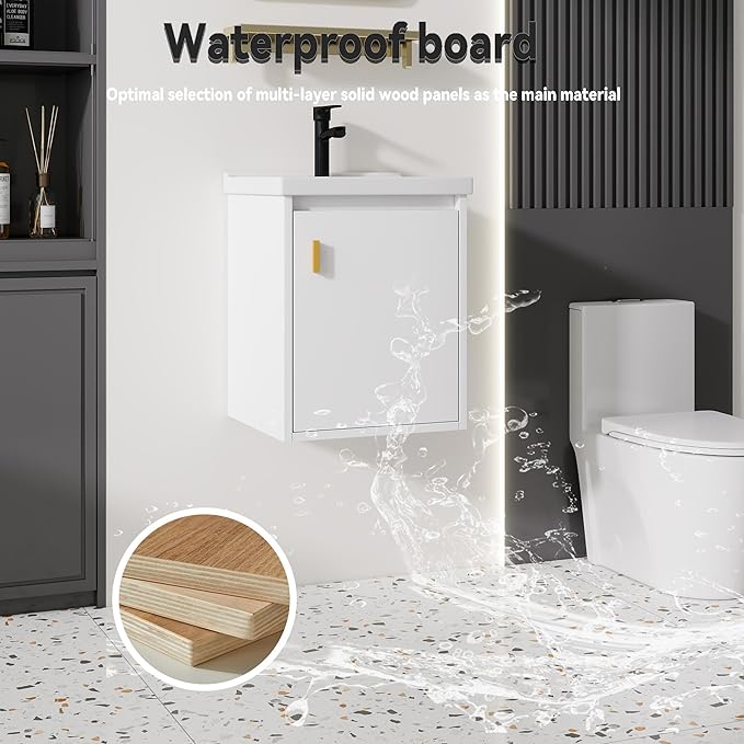 16'' Bathroom Vanity with Ceramic Sink Combo, Wall Mounted Small Bathroom Vanity with Soft-Close Door Modern Floating Cabinet, Pop-up Drain, P-Trap Included, White(No Faucet)