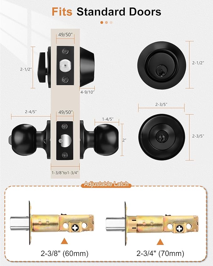 Probrico Black Keyed Alike Entry Knobs Front Door Locks Exterior Lockset and Single Cylinder Deadbolt Combination Set, 2 Pack
