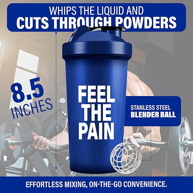 Shaker Bottles for Protein Shakes 24oz, Plastic Bottle for Pre and Post Workout, Protein Shaker Bottle with Wire Whisk Ball, Shaker Cup, Dishwasher Safe (FEEL THE PAIN, BLUE)