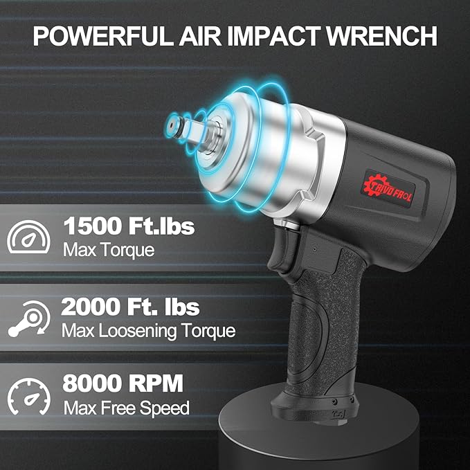 Air Impact Wrench 1/2" - 1/2 Inch Impact Gun 1/2 Drive, 1500Ft-lbs, 8000RPM High Torque Impact Wrench, Weight 4.74 lb, 1/2 Air Impact Gun for Auto Repair, Tire Shop