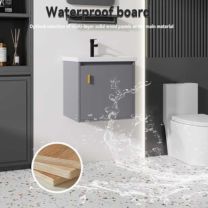 20'' Bathroom Vanity with Ceramic Sink Combo, Wall Mounted Small Bathroom Vanity with Soft-Close Door Modern Floating Cabinet, Pop-up Drain, P-Trap Included, Gray(No Faucet)