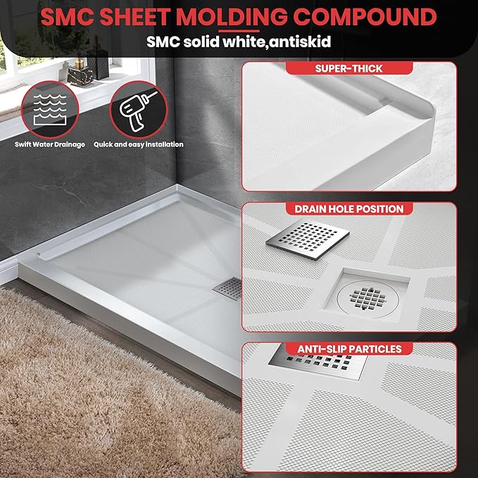Shower Base 60"×36"×4", Single Threshold Shower Tray with Center Drain, Rectangle SMC Shower Pan, White Slip Resistant Textured Surface Shower Base for Bathroom