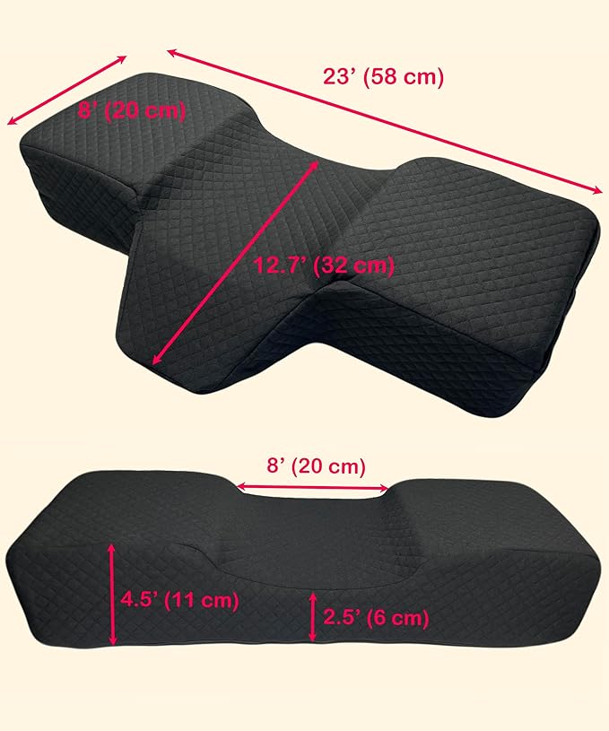 Pillow for Eyelash Extensions - Curved Memory Foam Lash Bed Pillow with Neck and Back Support, Perfect Pillow for Eyelash Extensions, Two Pockets for Tools On The Sides of Pillow (Black)