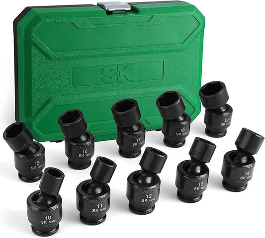 SK 3/8" Drive Universal Swivel Impact Socket Set, Metric Socket Set, 10-Piece, Premium CR-MO Steel, SureGrip 6 Point Design, with Storage Case