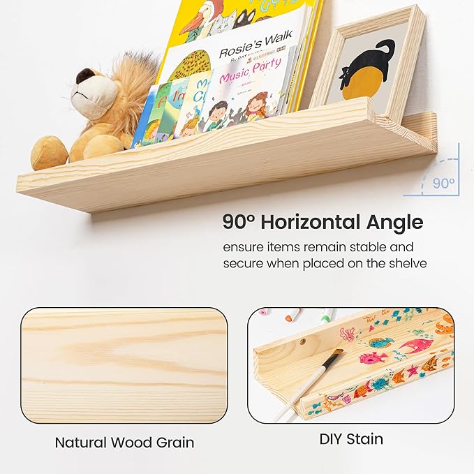 Picture Ledge Shelf for Wall, 16 inches Solid Pine Wood Nursery Book Shelves 3 Packs, Floating Ledge Shelves for Kids' Room Bedroom Bathroom Living Room Photo Frames Office Nursey Wall Decor, Natural