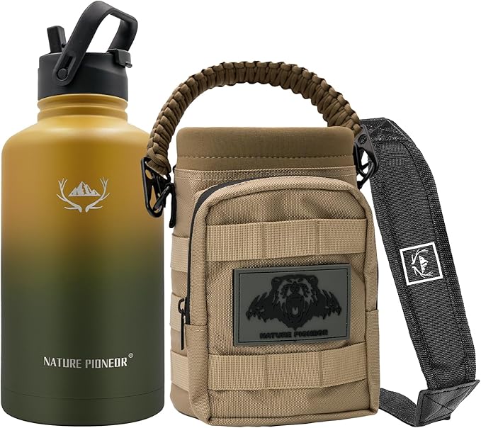 NATURE PIONEOR Tactical Water Bottle with Carrying Molle Sleeve, Stainless Steel 18/8 Food Grade Half Gallon Jug