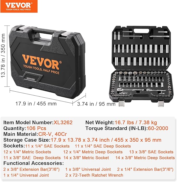 VEVOR Socket Set, 1/4" and 3/8" Drive Socket and Ratchet Set, 6-Point Socket Opening, 106 Pcs Tool Set SAE and Metric, Deep and Standard Sockets, 5/32-1 in, 5-19 mm, with Accessories, Storage Case