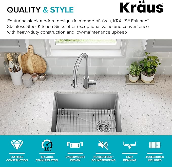 KRAUS Fairlane 25-inch Undermount Single Bowl 18-Gauge Stainless Steel Kitchen Sink, KHU641-25