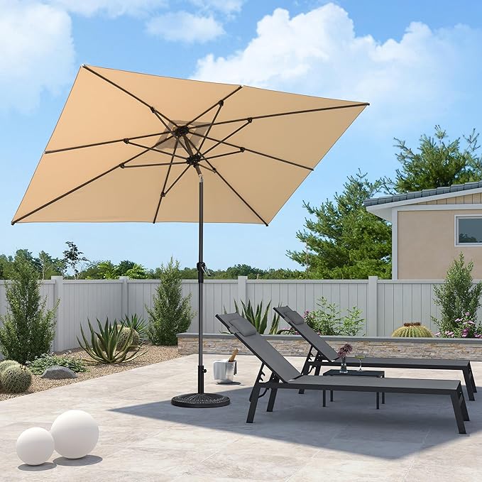 PURPLE LEAF 10' x 6.5' Rectangular Patio Umbrella Outdoor Table Umbrella Aluminum Frame Market Umbrella Sun Umbrella with 8 Sturdy Ribs & Tilt for Garden Deck Lawn & Pool Beige
