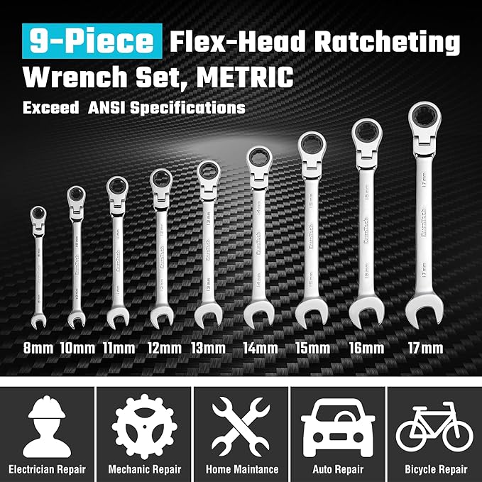 DURATECH 9-Piece Flex-Head Ratcheting Wrench Set, Combination Wrench Sets, 72 Tooth, Metric, 8, 10, 11, 12, 13, 14, 15, 16, 17mm, CR-V Steel, with Rolling Pouch