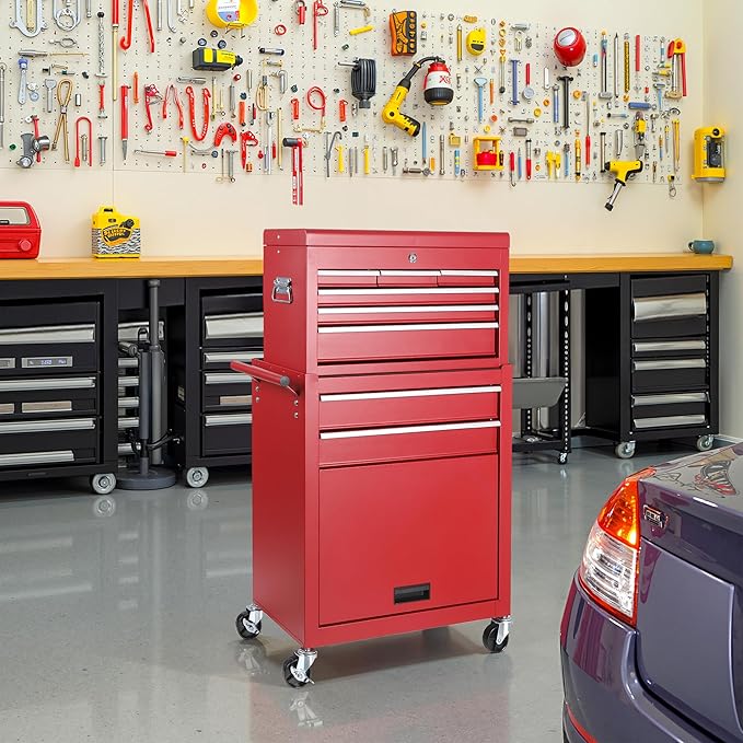 Tool Chest 8 Drawers Garage Storage Cabinet 2 in 1 Steel Frame Tool Chest with Wheels, Liner, Detachable Top, Lockable Wheels and Side Hooks for Garage, Red