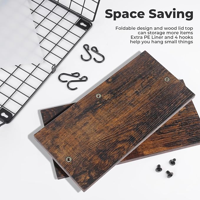 Fruit Bowl, Stackable Wall Mounted Fruit Basket of Smooth Wood Lid with 4 Banana Hanger Hooks, Metal Kitchen Counter Organizer for Snack, Fruit and Vegetable Storage, 11.8 * 7.9 * 8.5 Inches