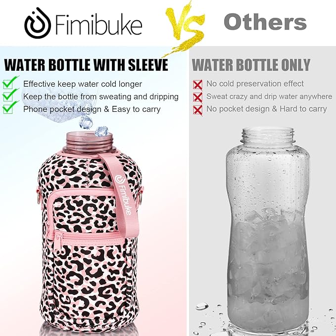 Fimibuke Half Gallon Water Bottle with Sleeve 64 OZ Water Bottle with Handle & Straw Leakproof Motivational Sports Gym Water Bottle with Time Marker BPA Free Water Jug with Reusable Neoprene Holder