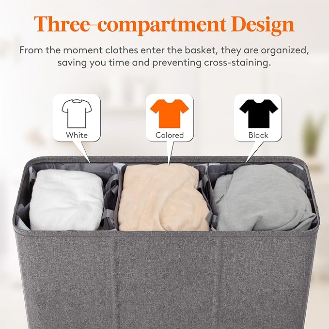 Lifewit Triple Laundry Hamper with Lid and Removable Laundry Bags, Large Collapsible 3 Dividers Dirty Clothes Basket with Handles for Bedroom, Laundry Room, Closet, Bathroom, College, 180L Light Gray