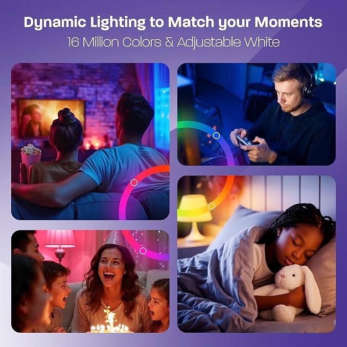 Smart Light Bulbs 4-Pack, RGB Color Changing LED 16M Colors, Tunable White 1800K-6500K, WiFi Bluetooth Compatible with Alexa Google Home, No Hub, A19 E26 9W 800LM