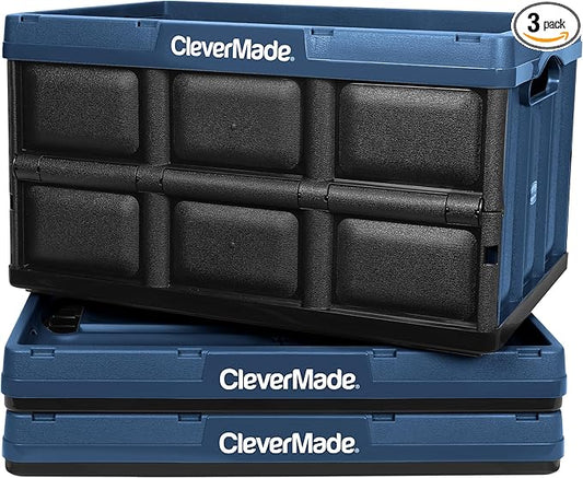 CleverMade Collapsible Storage Bins - Ocean 3 Pack 62L / 16 Gal holds 100 lbs - Stackable Containers Heavy Duty Capacity Crates-Space-Saving