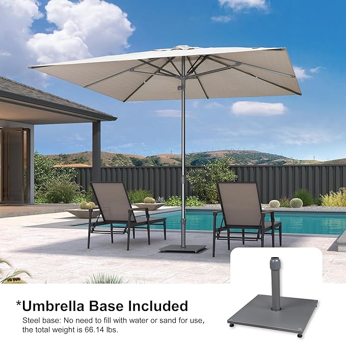 PURPLE LEAF 10 X 10 FT Semi-Auto Outdoor Patio Umbrella with Base Market Table Sun Umbrellas with 8 Aluminum Sturdy Ribs for Backyard Deck Garden Pool (Gray Pole Beige Canopy)