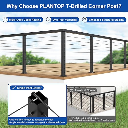 36" Cable Railing Corner Post (35"x2"x2"), 3-Side T-Drilled Flat Top Surface Mount Black Corner Post, T304 Stainless Steel One-Post Corner Solution for Indoor Outdoor, MY11