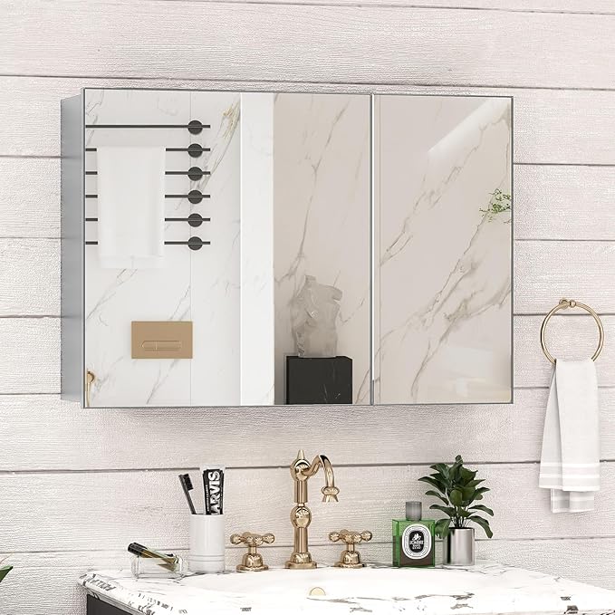 36 x 24 Farmhouse Medicine Cabinet, Tempered Frameless Bathroom Mirror with Storage, Silver Recessed or Surface Mount Aluminum Medicine Cabinet for Bathroom Modern