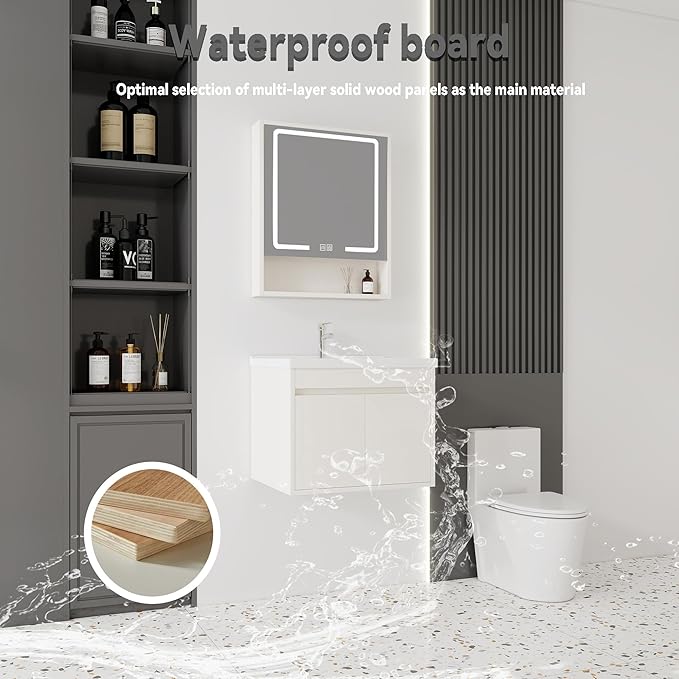 24'' Bathroom Vanity with Ceramic Sink Combo and Medicine Cabinet Mirror with Led Light/Defog, Wall Mounted Small Bathroom Vanity with Soft-Close Door Modern Floating Cabinet, Khaki(No Faucet)
