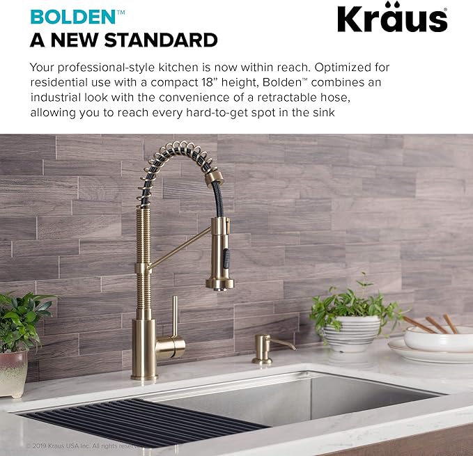 KRAUS Bolden Commercial Style 2-Function Single Handle Pull Down Kitchen Faucet in Brushed Gold, KPF-1610BG
