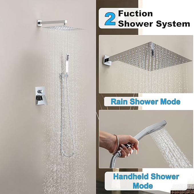 10 Inch Shower Faucet Set, Rainfall Shower System with Square Fixed Shower Head and High Pressure Handheld Shower Head, Spray Wall Mounted Rainfall Shower Fixtures, Polished Chrome