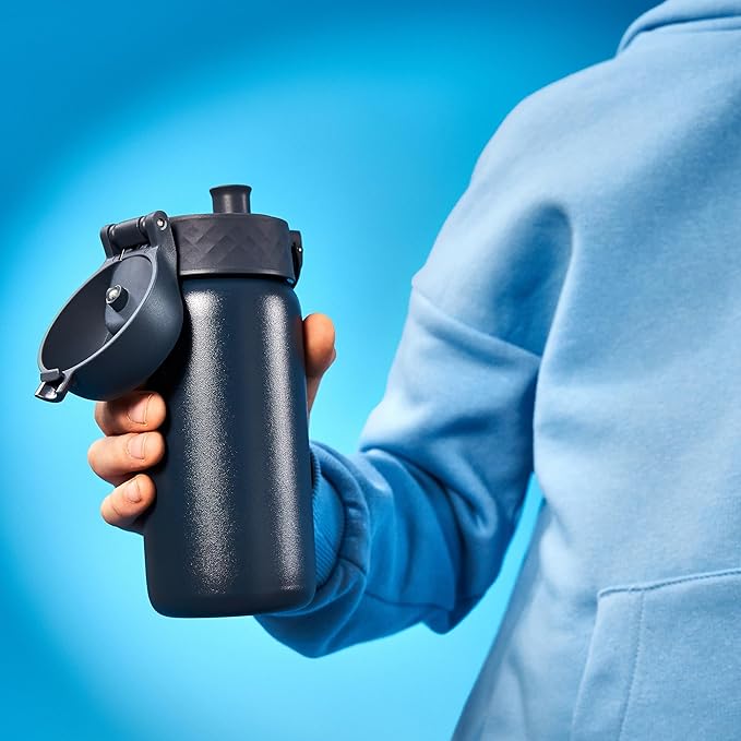 Ion8 Kids Water Bottle, Steel 400 ml/13 oz, Leak Proof, Easy to Open, Secure Lock, Dishwasher Safe, Hygienic Flip Cover, Carry Handle, Easy Clean, Durable, Scratch Resistant, Carbon Neutral, Navy Blue