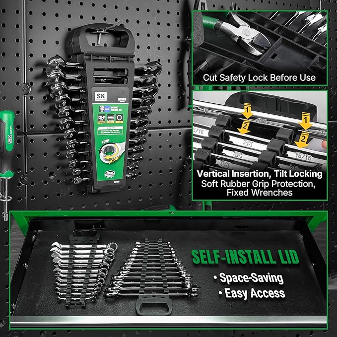 SK Ratcheting Wrench Set, Combination Wrench Set, 12-Piece, Metric 8 to 19mm, 72-Tooth, Premium CR-V Construction, with Rack Organizer