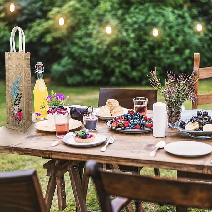 Embroidery Burlap Wine Bags, Reusable Bottle Bag for Picnic Wedding Beach Party Birthday Christmas Holiday Travel Home Storage