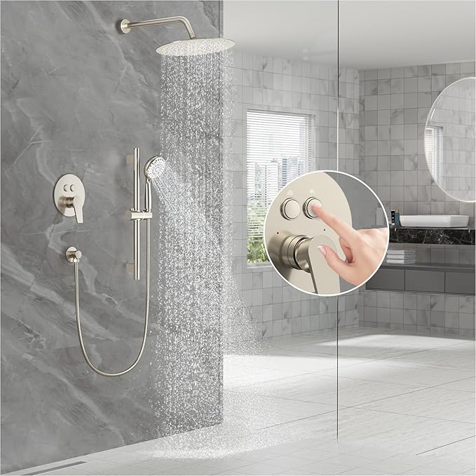SR SUN RISE Shower System: 12 Inch Rainfall Shower Head with Handheld Combo Set - Slide Bar Bathroom Shower Faucet Set Wall Mounted (Valve and Trim Kit Included) - Brushed Nickel