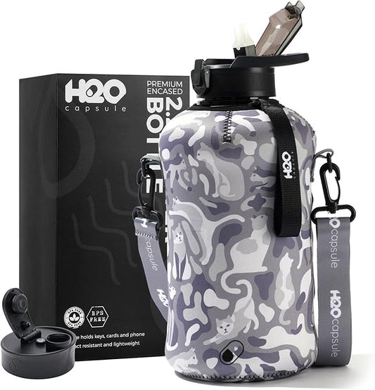 H2O Capsule 2.2L Half Gallon Water Bottle with Storage Sleeve and Covered Straw Lid – BPA Free Large Reusable Drink Container with Handle - Big Sports Jug, 2.2 Liter (74 Ounce)