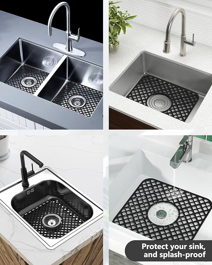 2 Pack Silicone Sink Protector for Kitchen Sink, Lozenge Pattern 12 x 11" Sink Grid Mat Silicone Protectors, Center Drain, Black