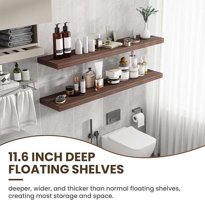 55 Inch Floating Shelves, 11.6 Inch Deep Floating Shelves for Wall, Floating Shelf with Invisible Brackets, Deep Shelves for Bathroom, Bedroom, Living Room, 1 Pack, Walnut