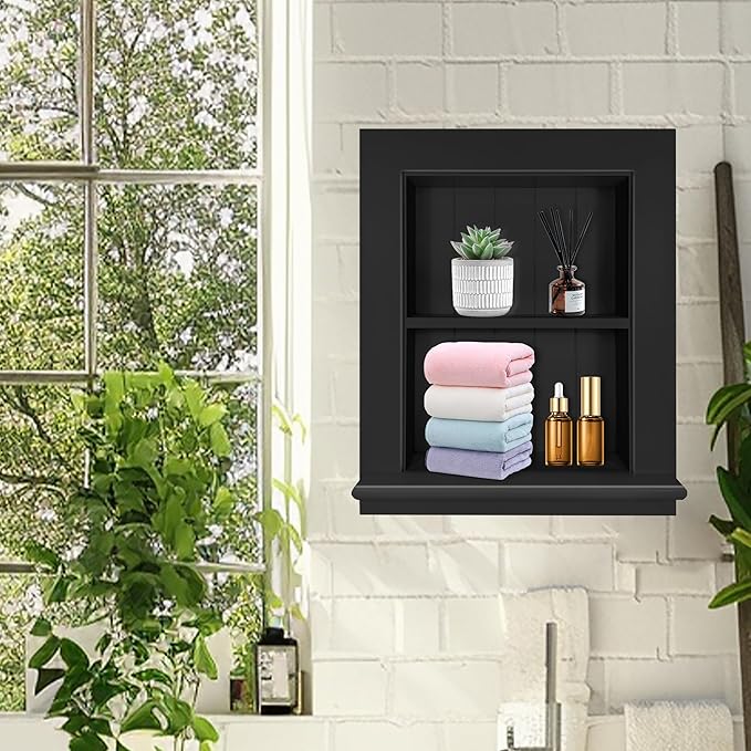 Royxen Bathroom Medicine Cabinet 14 x 18 Inch, Recessed, Large 2-Tier, Black