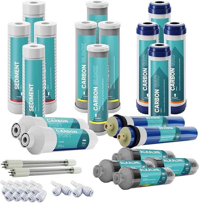 NU Aqua Reverse Osmosis Water Filter System Replacement Set - 7 Stage 2 Year Alkaline & UV Under Sink Kit - Membrane, Sediment, Carbon Filters, Parts & Fittings - Universal RO Filtration Cartridge