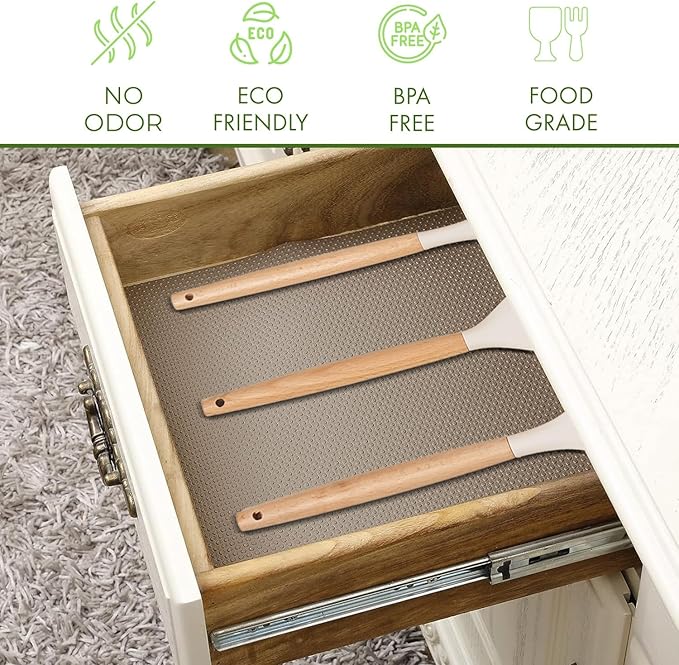 EVALAND 17.7 INCHES x 33 FEET (394 Inches) Non-Slip Shelf Liner, EVA Kitchen Liner, Non-Adhesive Liner, Smooth Drawer Liner, Durable Strong Grip Liner, Stain-Proof Shelf, Cabinet Liner, Beige