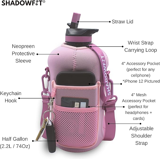 Half Gallon Water Bottles (74 ounce, 2.2 Liter) with Straw Lid Handle and Storage Sleeve - Large Jug Holder with Strap for Drinking during Workout and Exercise