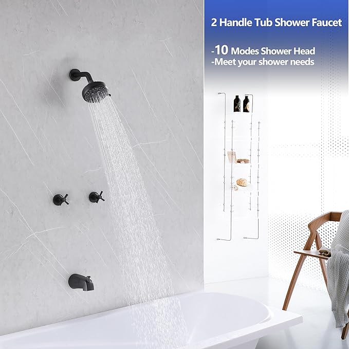 2 Handle Shower Faucet with Tub Spout Bathtub Shower Faucet Set, Tub and Shower Trim Kit Matte Black Wall Mounted