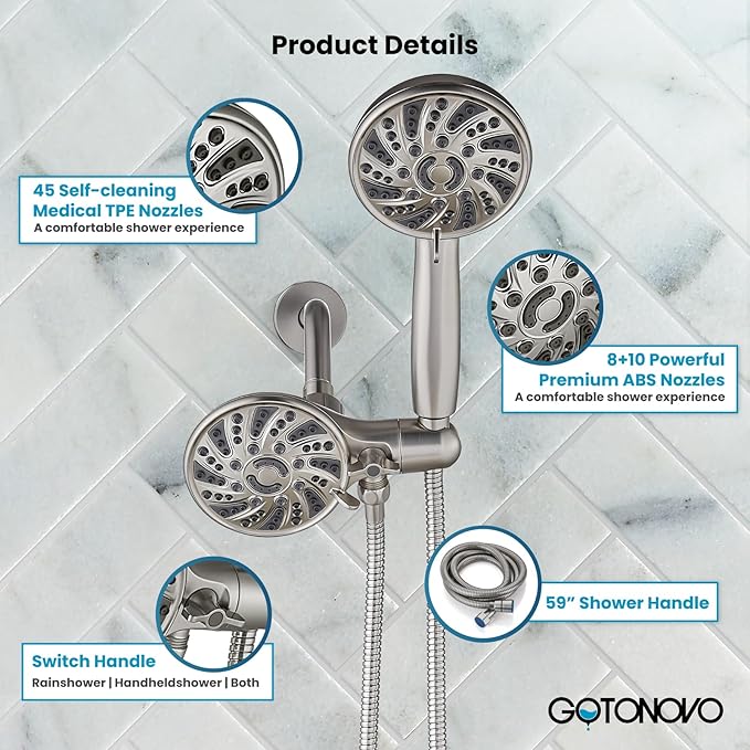 gotonovo Dual 2 in 1 Shower Head Kit High Pressure Combo System Shower Faucet 6 Modes ABS Handheld Spray Shower Trim Kit with Valve Shower Head and Handle Set Brushed Nickel