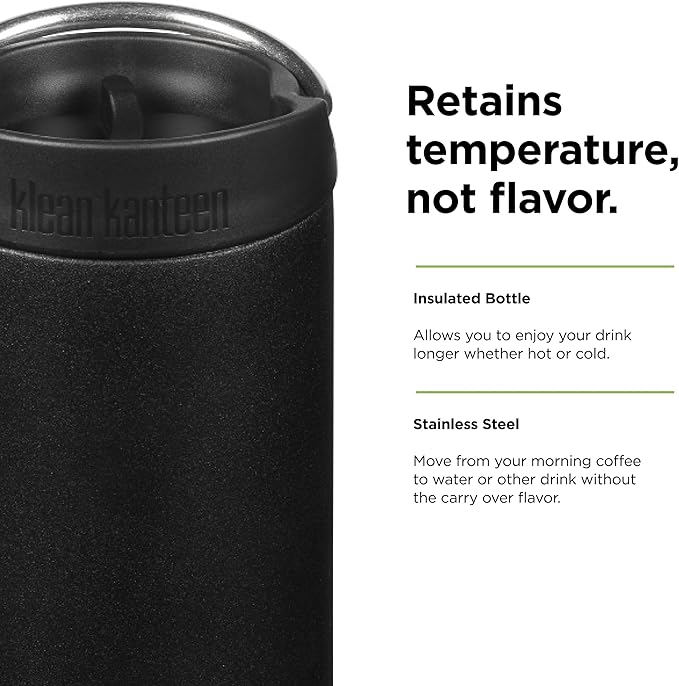 Klean Kanteen TKWide Insulated Coffee Tumbler with Café Cap - Stainless Steel Coffee Tumbler - 16 Oz, Black