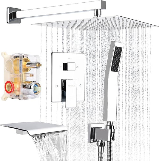 10 Inch Rainfall Shower System with Tub Spout Wall Mounted Complete Combo with Solid Brass Pressure Balancing Valve, High Pressure Shower Head, Handle Set & Installation Accessories Chrome