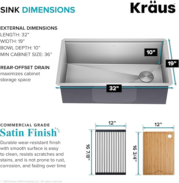 KRAUS Kore 32-Inch Undermount Workstation 16 Gauge Single Bowl Stainless Steel Kitchen Sink with Accessories, KWU110-32