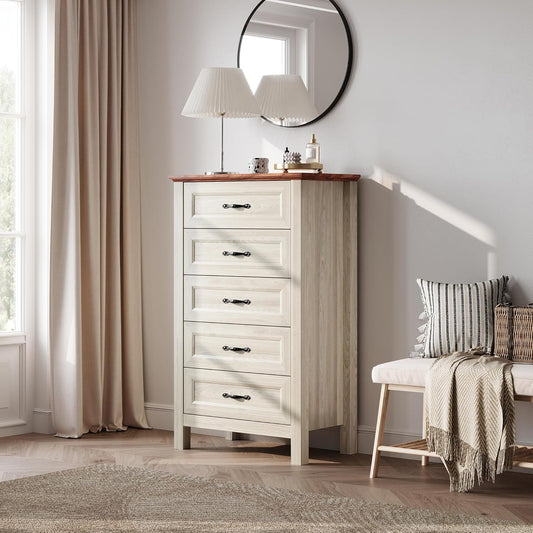 LINSY HOME 5 Drawers Dresser for Bedroom, Wood Tall Bedroom Chest of Drawers with Metal Handle, Farmhouse Dressers Organizer for Living Room, Closet, Hallway, White Oak