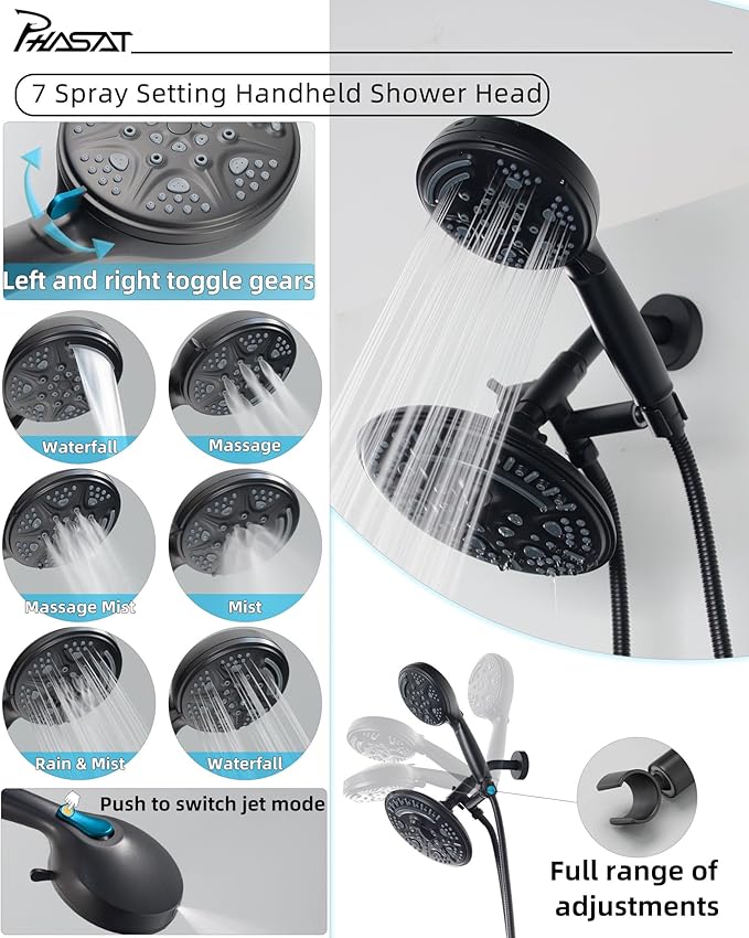 PHASAT 2 Handle Shower Faucet With Handheld Shower Head,Dual 2 in 1 Showerhead Kit,Shower Head & Handheld Spray Shower Combo Set,Tub and Shower Trim Kit With Rough-in Valve,Matte Black,PU4H08